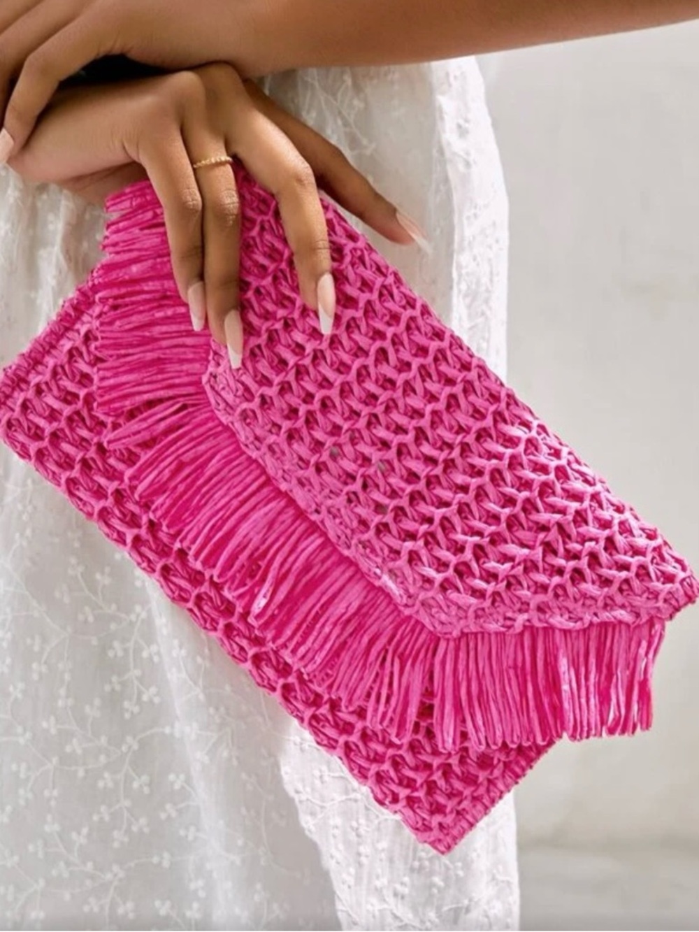Stylish Pink Woven Fringe Clutch